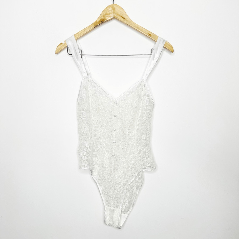 VTG 80s Gold Label VICTORIA'S SECRET WHITE LACE Teddy Semi Sheer high cut SMALL - Picture 2 of 7